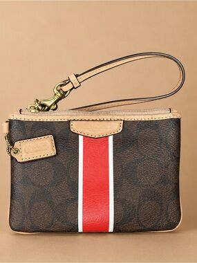 Coach Brown Signature Canvas Wristlet with Red and White Stripe